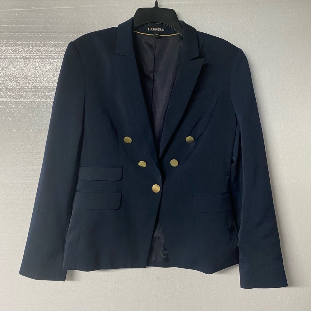 Express Blazer Women 10 Navy Blue Gold Button Office Professional Jacket Fitted